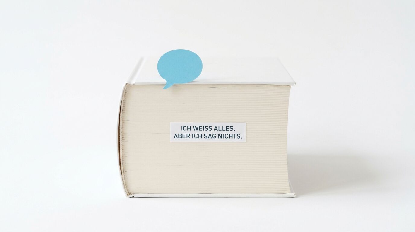 Buch mit Sprechblase und Text: ICH WEISS ALLES, ABER ICH SAG NICHTS