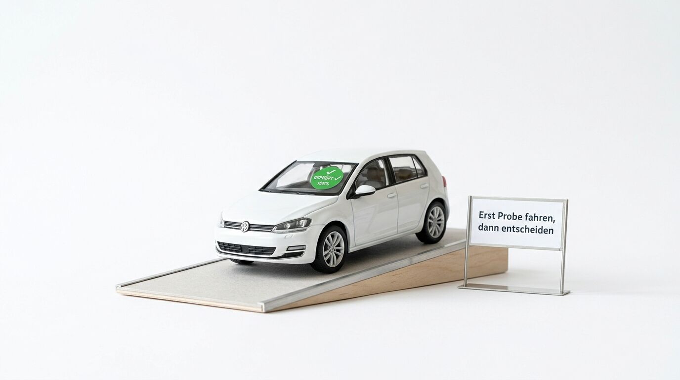 Weißes Volkswagen-Modell auf einer geneigten Plattform mit grünem Prüfplakette und Schild "Erst Probe fahren, dann entscheiden"
