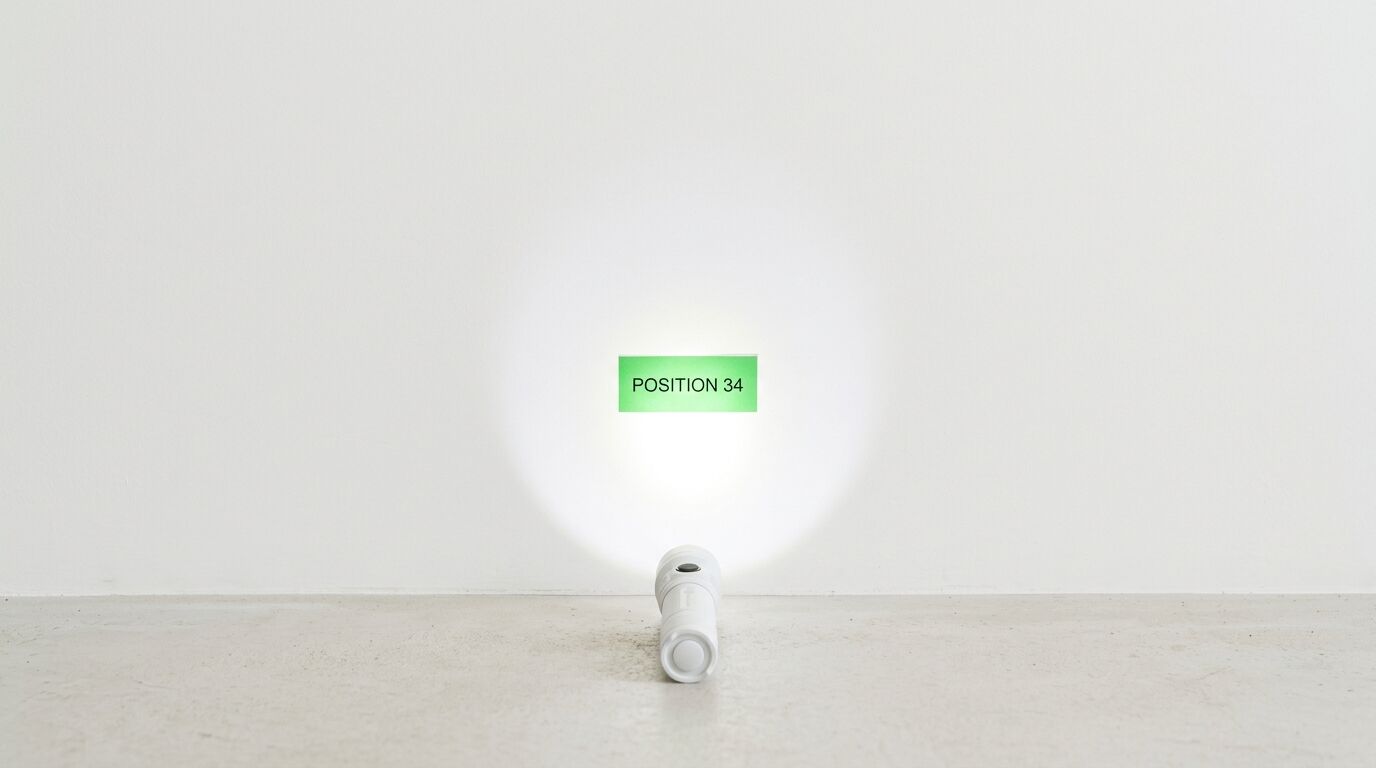 Weiße Taschenlampe leuchtet an eine leere Wand, im Lichtkegel ein grünes Etikett "Position 34"