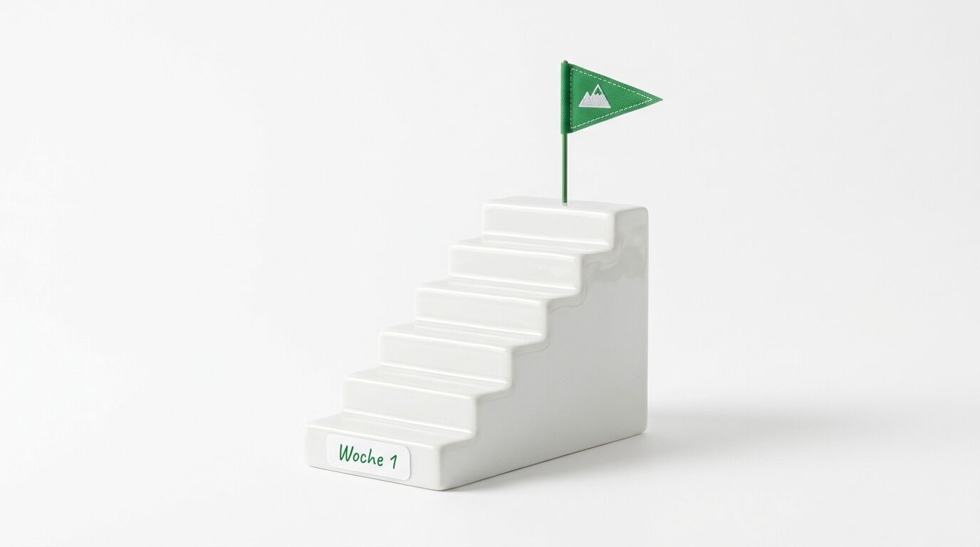 Weiße Treppe aus Porzellan, auf der untersten Stufe ein Etikett "Woche 1", oben eine grüne Fahne