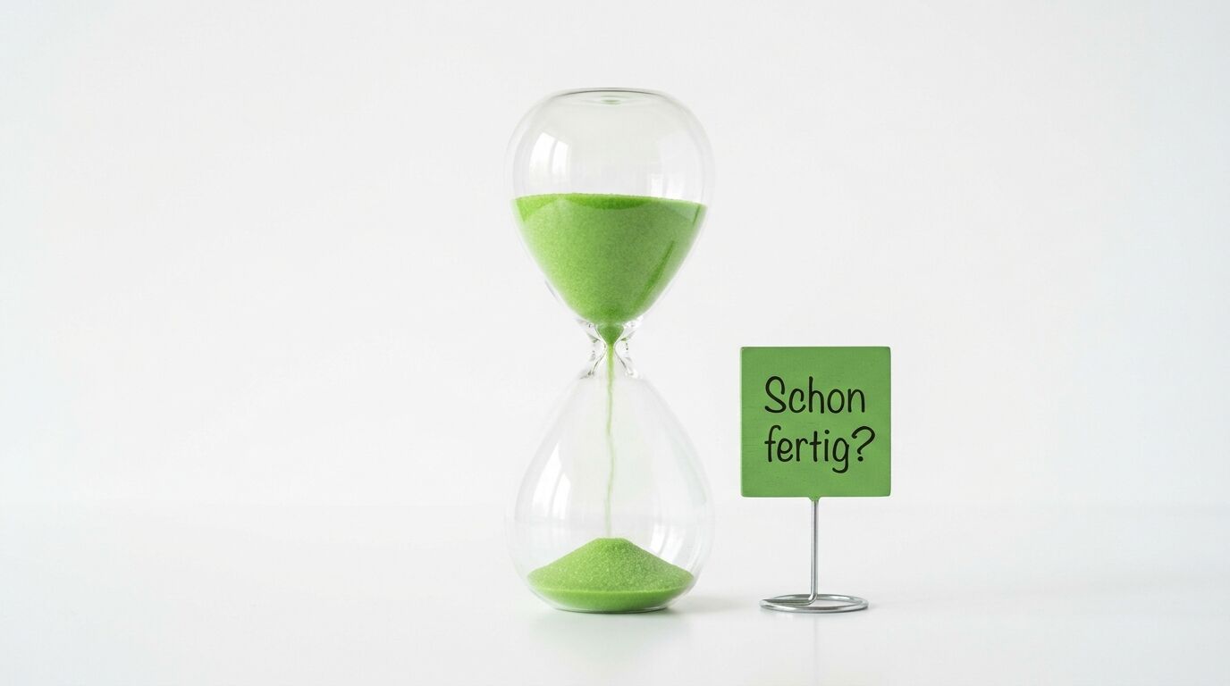 Sanduhr mit grünem Sand neben einem grünen Schild "Schon fertig?"