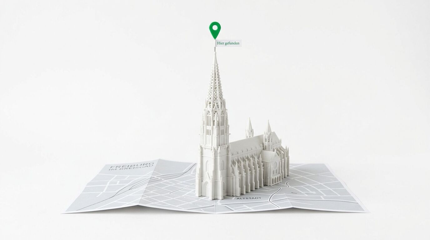 3D-Modell einer Kathedrale auf aufgeklappter Karte mit grünem Standort-Pin und "Hier gefunden"-Label