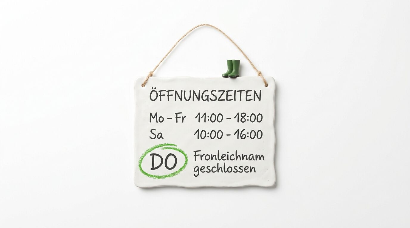 Weiße Tafel mit Öffnungszeiten, ein Donnerstag grün eingekreist mit dem Hinweis "Fronleichnam geschlossen"