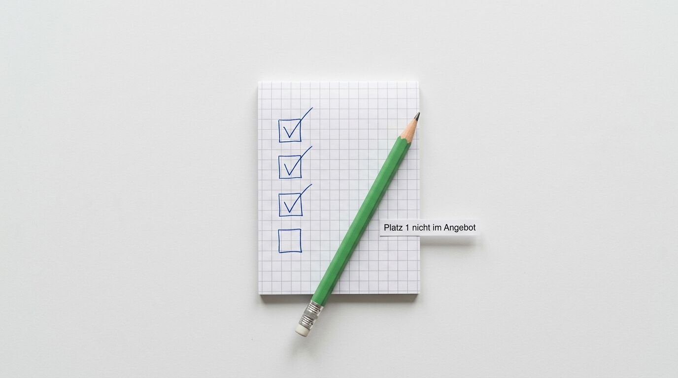 Checkliste mit drei Häkchen und einem leeren Kästchen auf Papier. Grüner Bleistift liegt diagonal. Etikett: "Platz 1 nicht im Angebot"