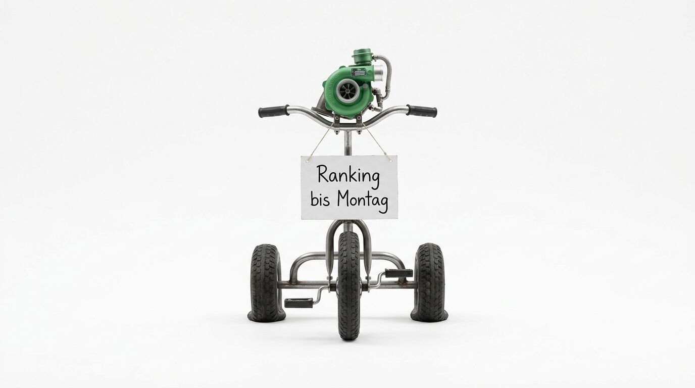 Dreirädriges Fahrzeug mit Turbolader oben und Schild "Ranking bis Montag" auf grauem Hintergrund