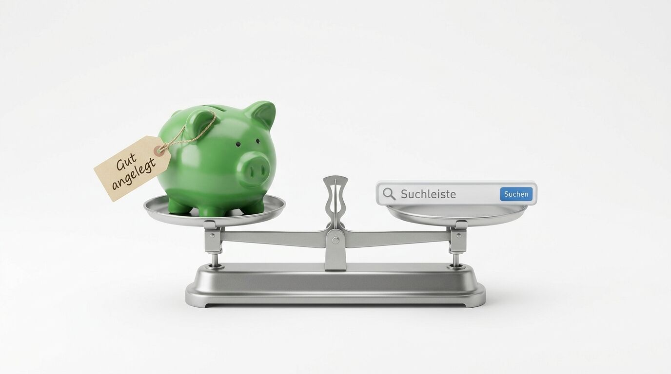 Grünes Sparschwein mit "Gut angelegt"-Etikett auf Waagschale, gegenüber Suchleiste, symbolisiert Geldanlage-Vergleich