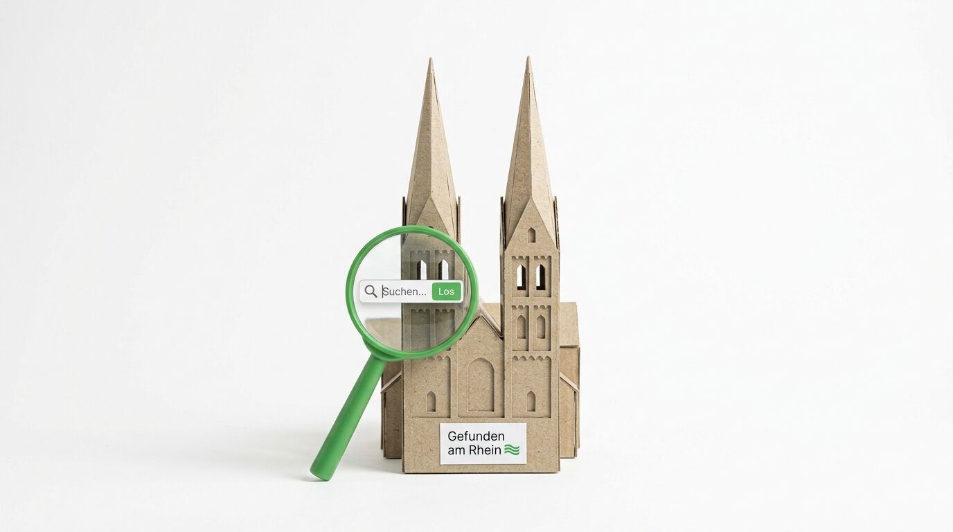 Modell einer Kirche mit zwei Türmen und grüner Lupe. Suchfeld zeigt "Buchen... Los". Aufschrift "Gefunden am Rhein"