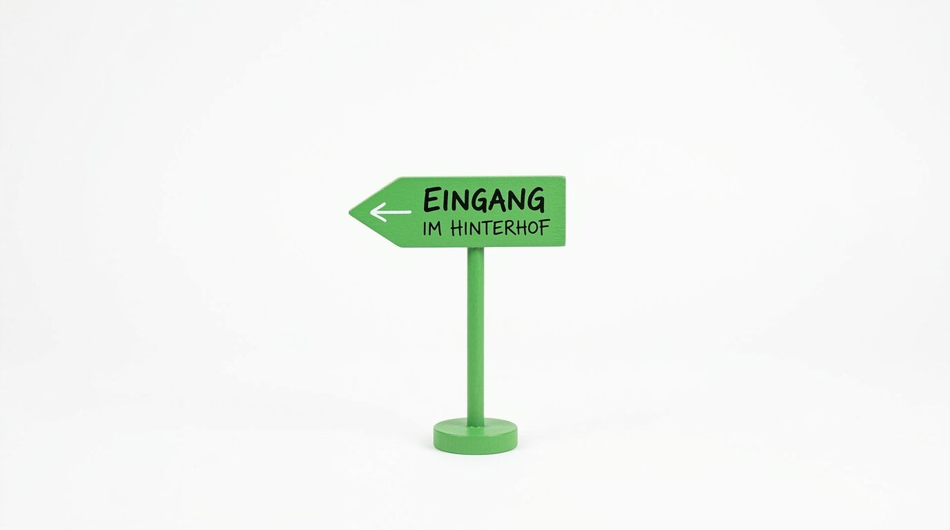 Grünes Richtungsschild mit Pfeil nach links, Text "EINGANG IM HINTERHOF" auf rundem Ständer