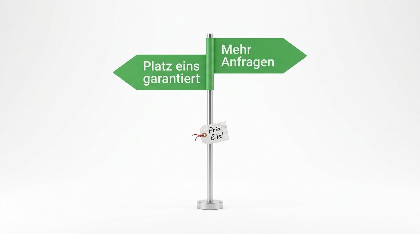 Wegweiser mit zwei grünen Pfeilen: "Platz eins garantiert" links, "Mehr Anfragen" rechts. Schild mit "Prio: Eile!" unten