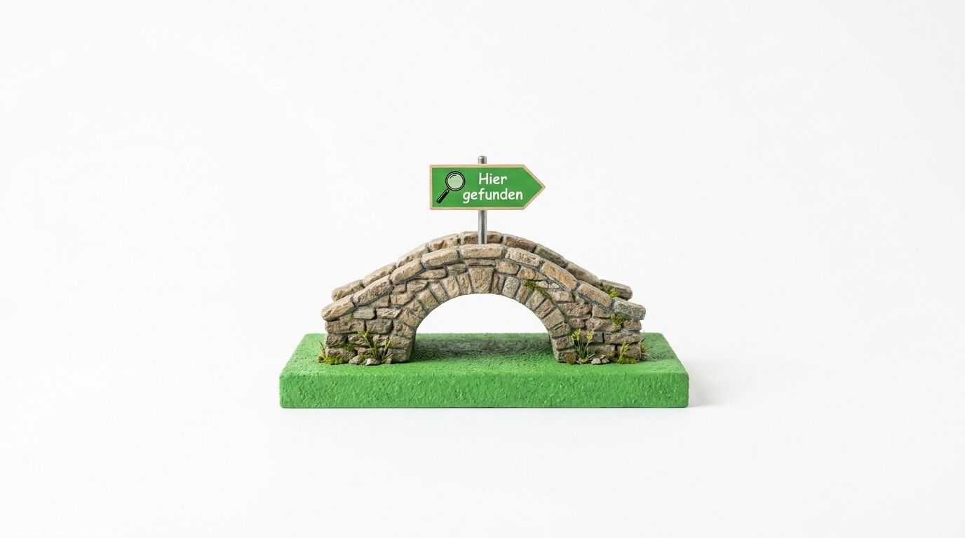 Steinerne Brücke auf grüner Wiese mit Wegweiser "Hier gefunden" und Lupe-Symbol