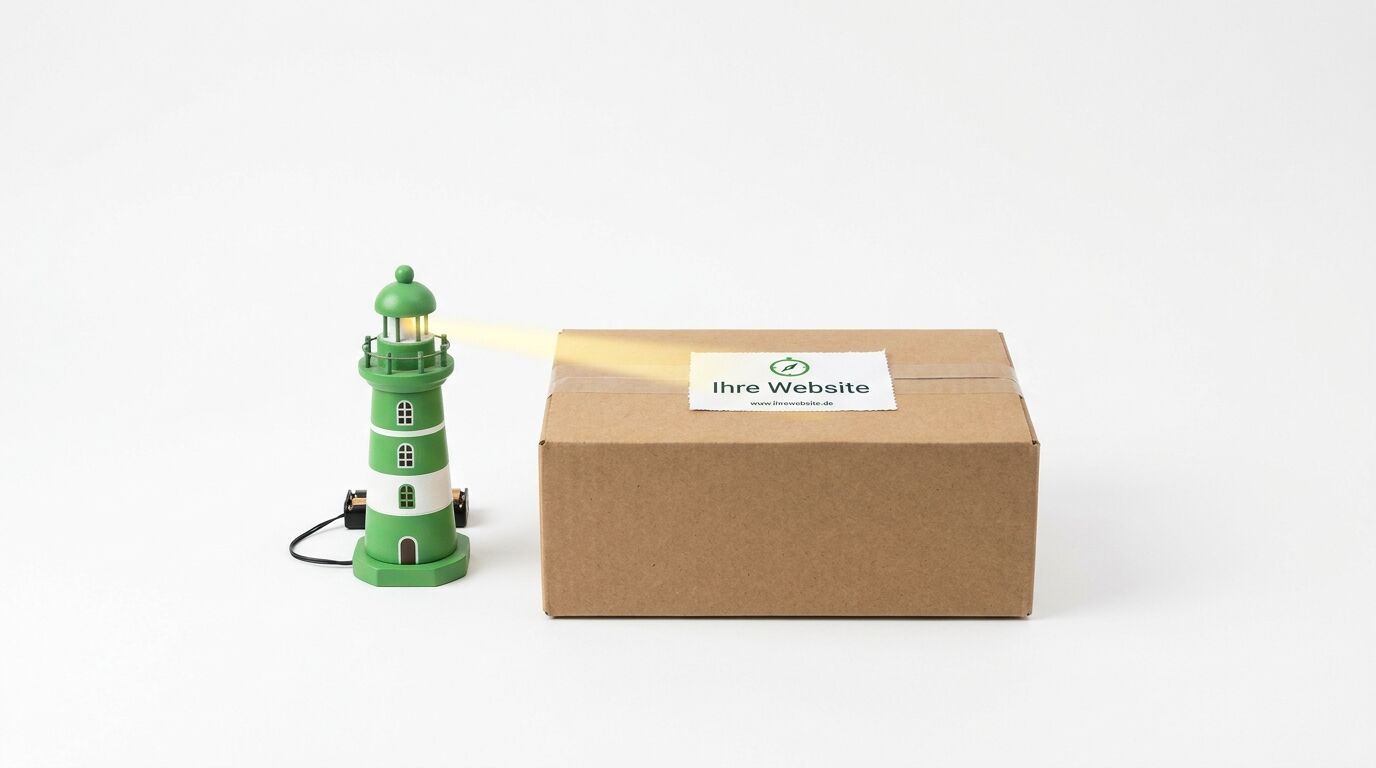 Grüner Leuchtturm neben Paketbox mit "Ihre Website" Etikett auf weißem Hintergrund