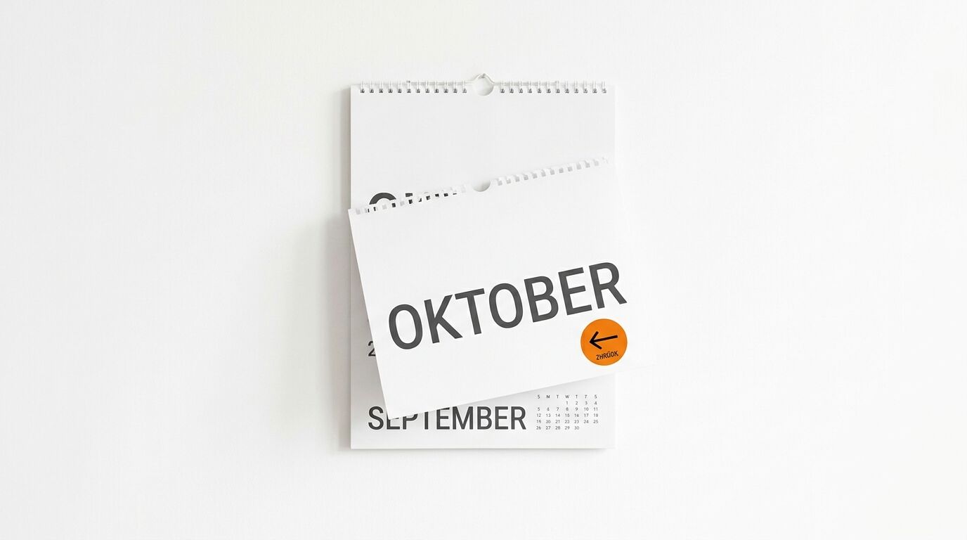 September-Kalenderblatt, überdeckt von „OKTOBER“-Blatt mit orangefarbenem Pfeilsticker