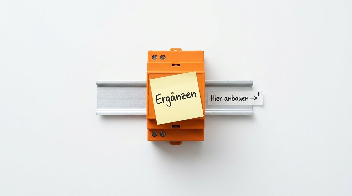 Oranges Elektronikmodul auf Hutschiene mit gelbem „Ergänzen“-Notizzettel