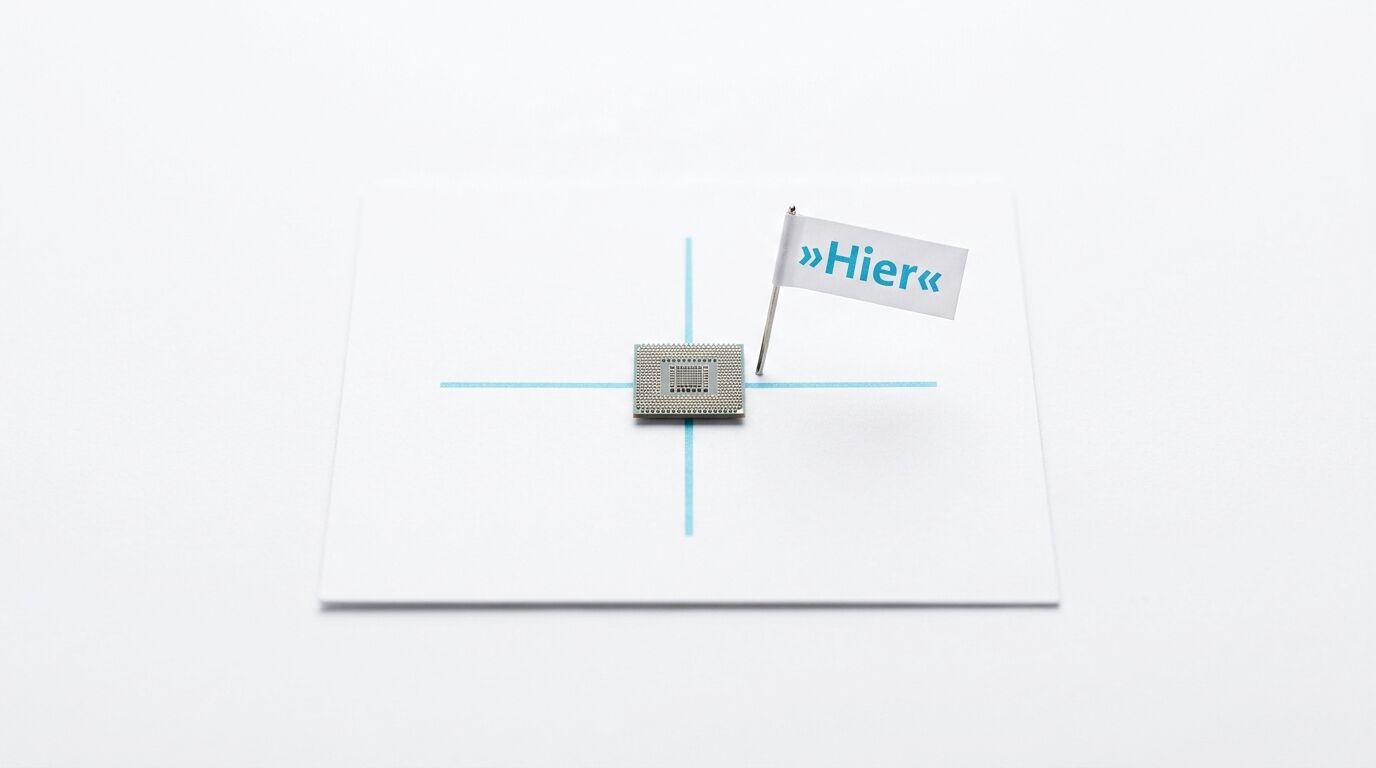 Ein CPU-Chip auf einem weißen Papier mit Fadenkreuz und einem Fähnchen mit dem Text „»Hier«“