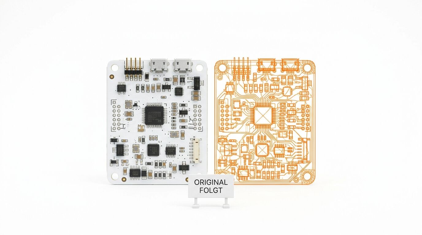 Bestückte weiße Leiterplatte neben einem orangefarbenen 3D-Gitternetzmodell