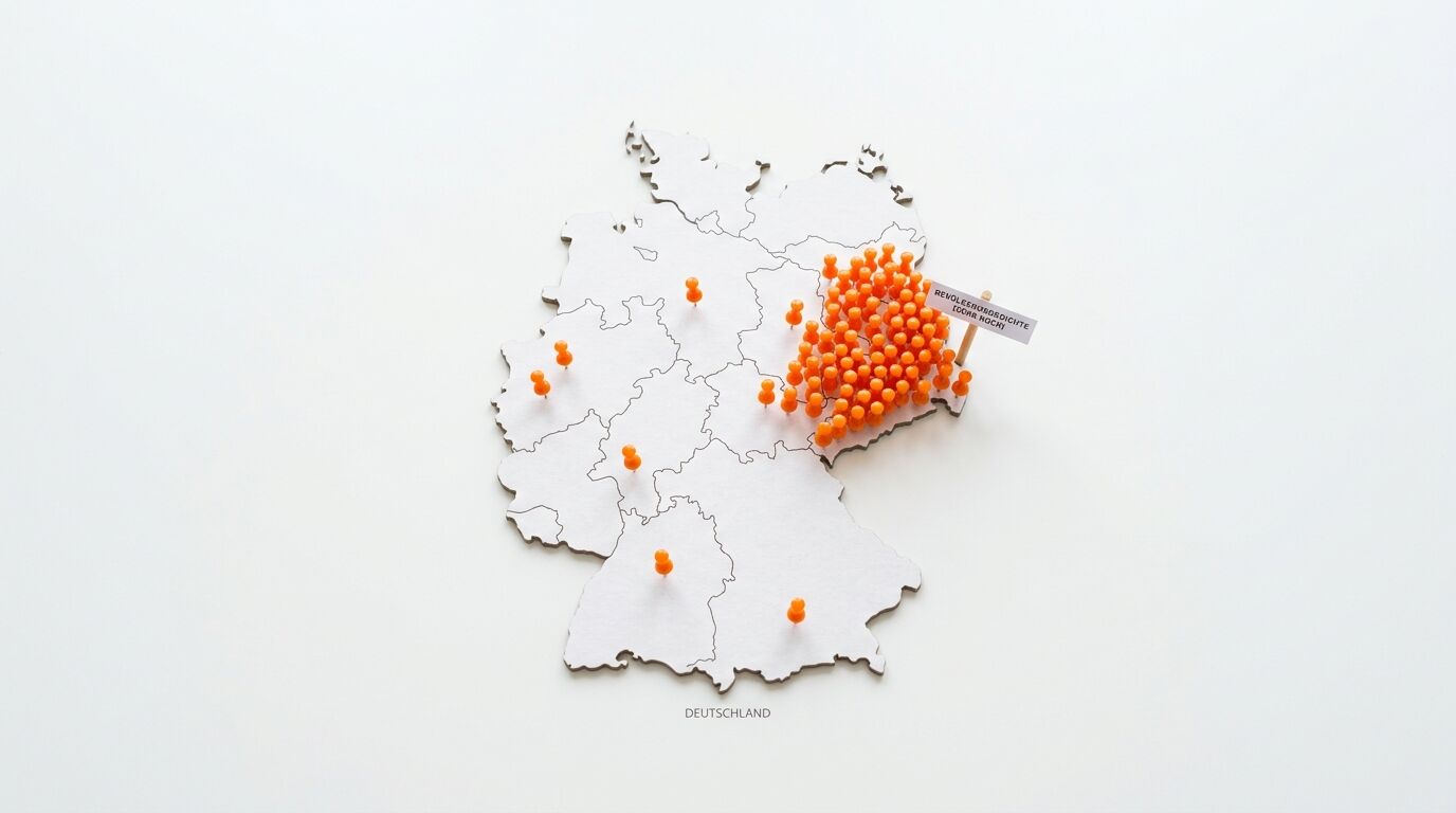 Pinnwand-Karte Deutschlands mit orangen Stecknadeln, starker Cluster im Osten