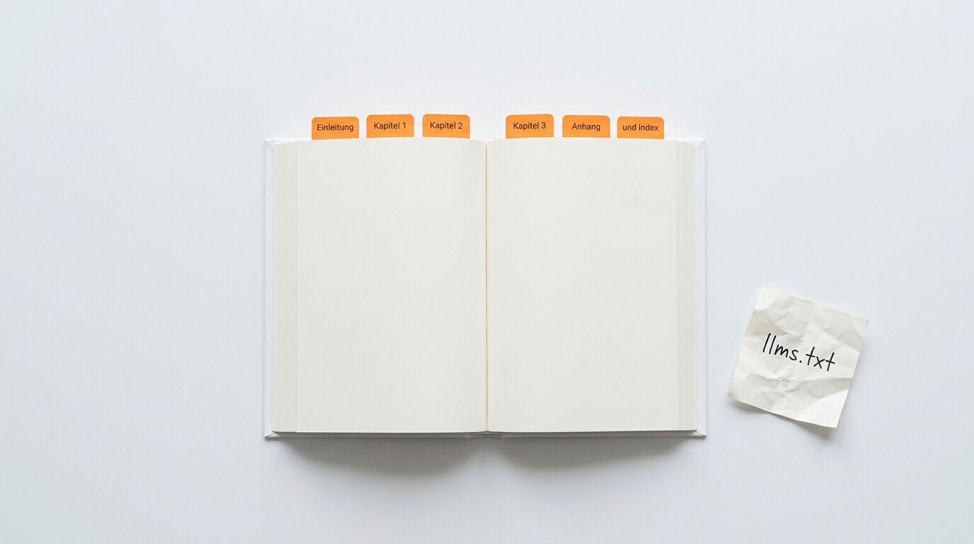 Geöffnetes weißes Buch mit orangefarbenen Registerkarten oben und einem Notizzettel rechts
