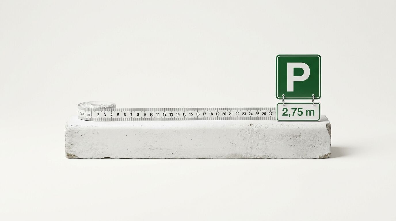 Ein weißer Block mit Maßband, links aufgerollt, rechts ein grünes P-Schild und „2,75 m“-Schild