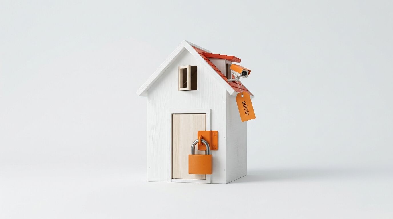 Modellhaus mit oranger Kamera, Vorhängeschloss und „admin“-Anhänger auf weißem Grund