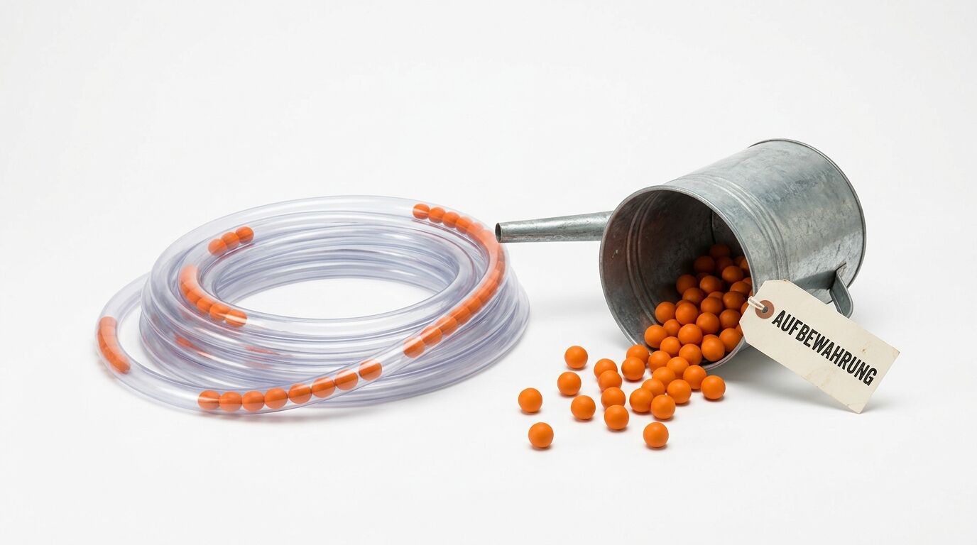 Transparenter Schlauch mit orange Kugeln neben Zinneimer und Etikett auf weißem Grund
