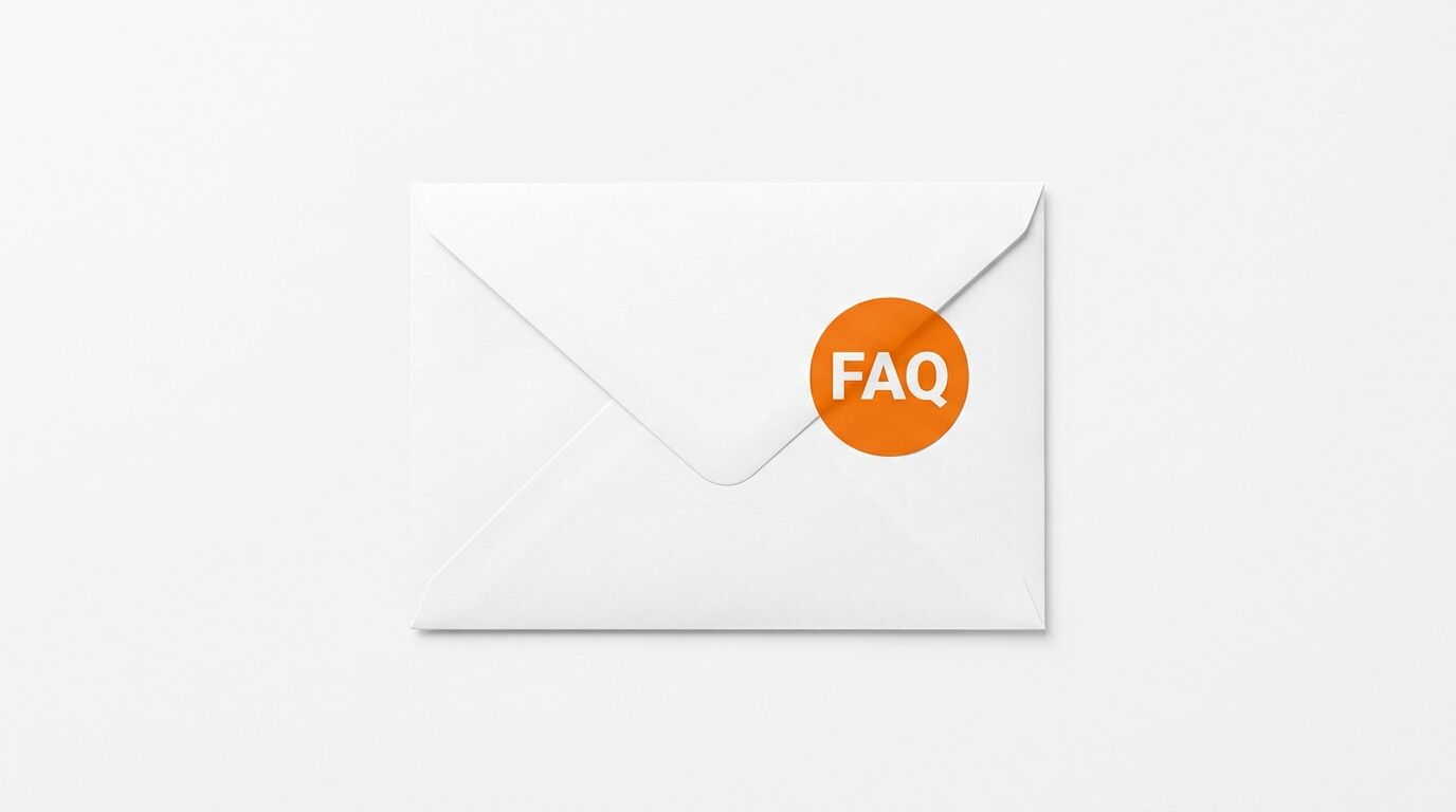 Weißer Briefumschlag mit orangefarbenem runden Aufkleber, der die Aufschrift