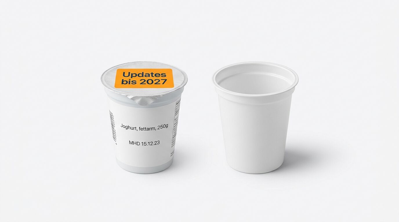 Zwei Joghurtbecher nebeneinander, einer geschlossen mit orangem Sticker, einer offen und leer