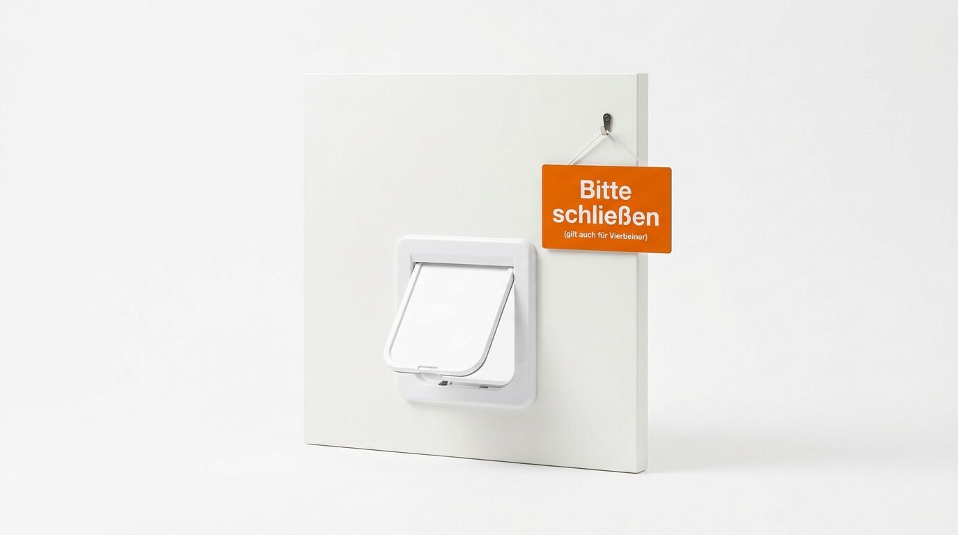 Weiße Katzentür in Platte, daneben oranges Schild „Bitte schließen“