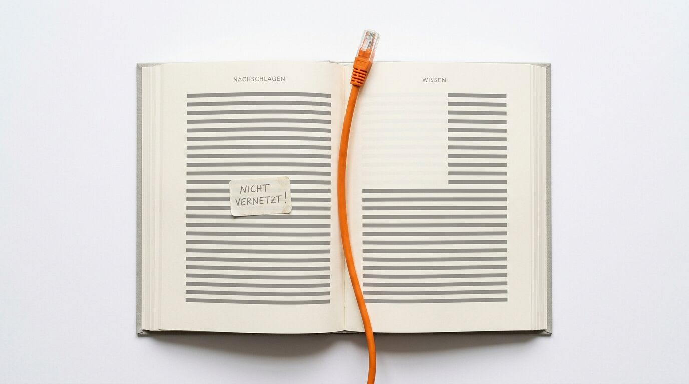 Ein offenes Buch mit einem orangefarbenen Netzwerkkabel und der Aufschrift