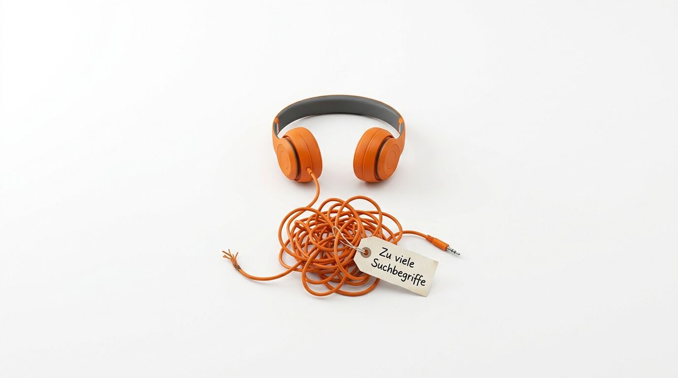 Orange Kopfhörer mit grauem Bügel und aufgewickeltem Kabel, an dem ein Etikett mit Text angebracht ist