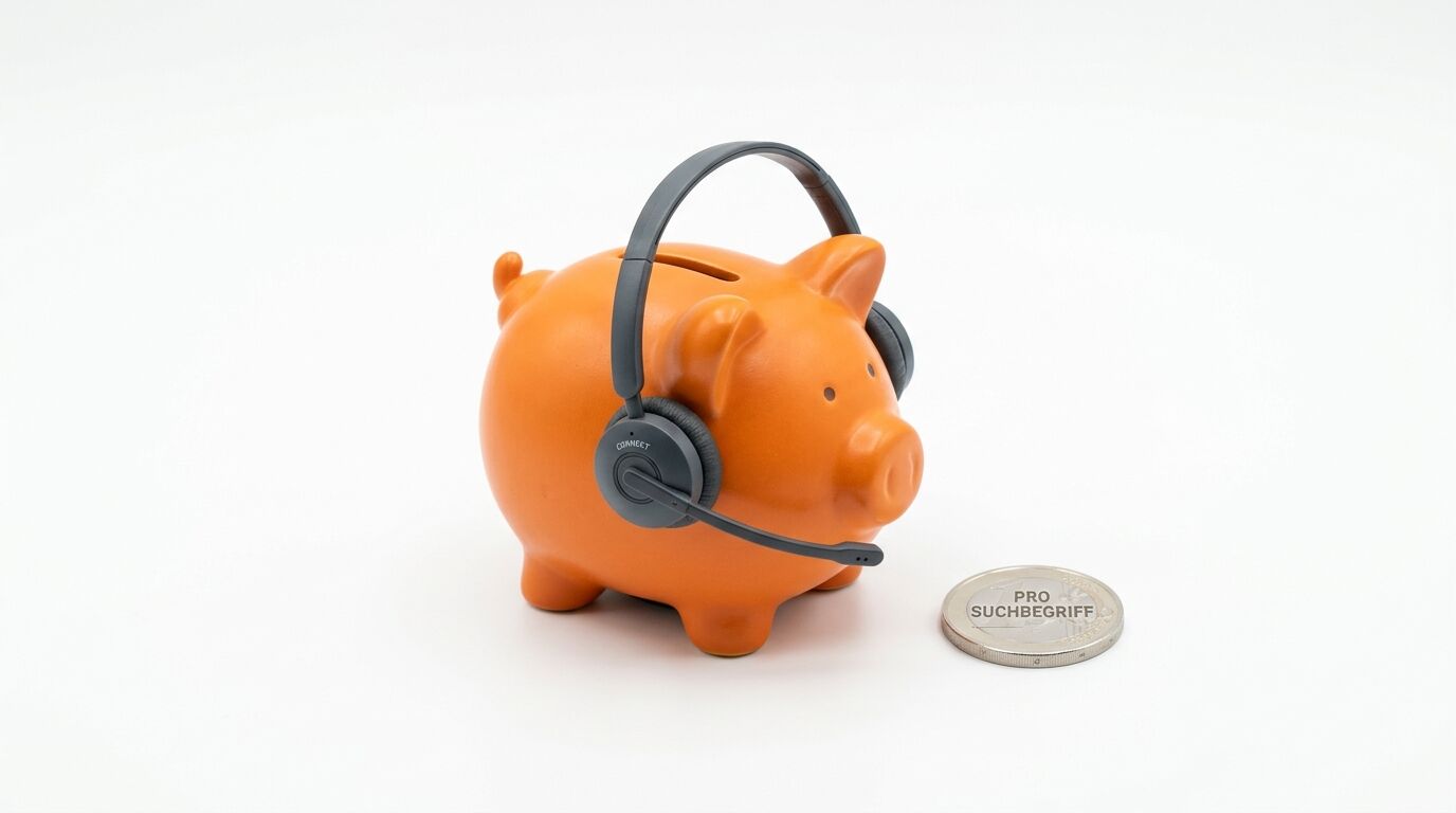 Oranges Sparschwein mit Headset und Münze zu Größenvergleich auf weißem Hintergrund