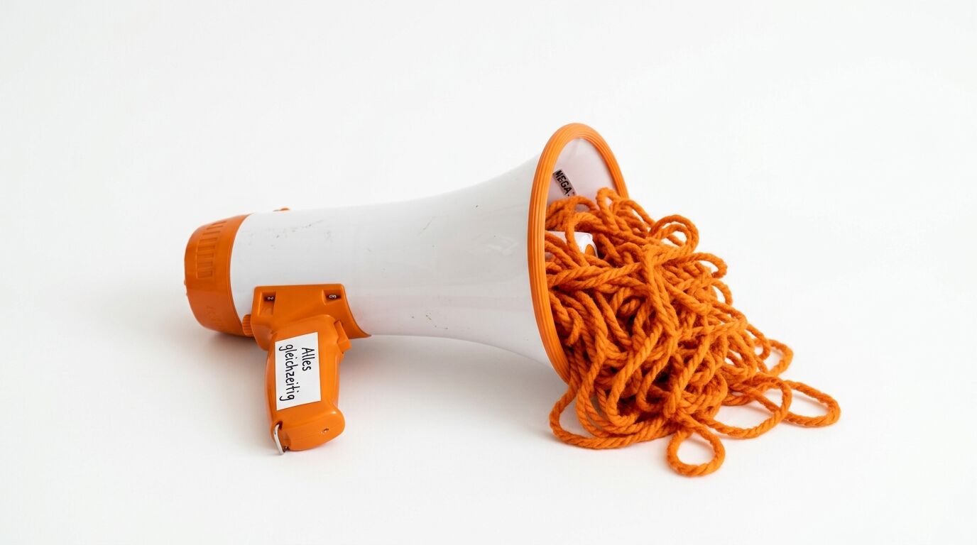 Ein weißes und oranges Megaphon mit ausgerolltem orangem Seil auf weißem Hintergrund