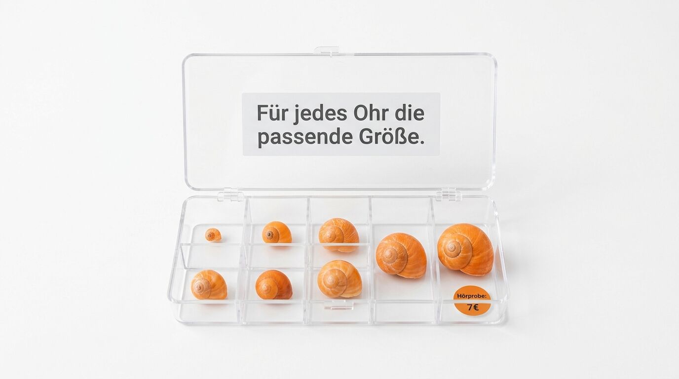 Sortierbox mit orangefarbenen Schneckenhäusern in verschiedenen Größen. Text: "Für jedes Ohr die passende Größe". Preis: 7€
