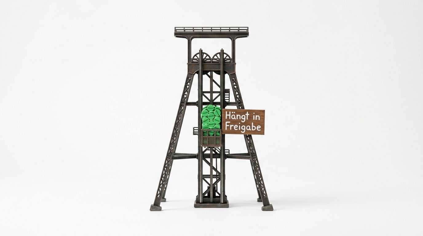 Förderturm aus Metall mit grünem Förderkorb und Schild "Hängt in Freigabe" vor grauem Hintergrund
