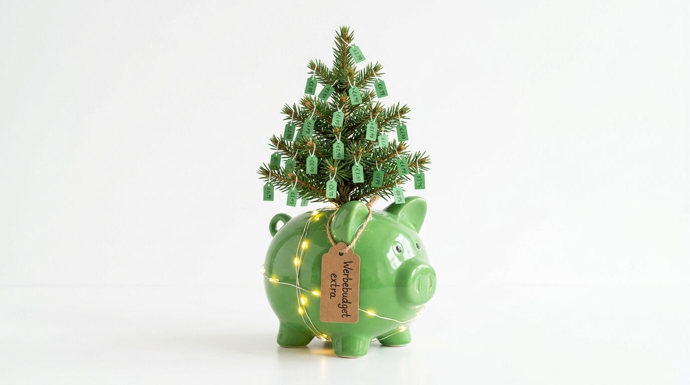 Grünes Sparschwein mit Weihnachtsbaum, Geschenkanhängern und LED-Lichtern als Dekoration
