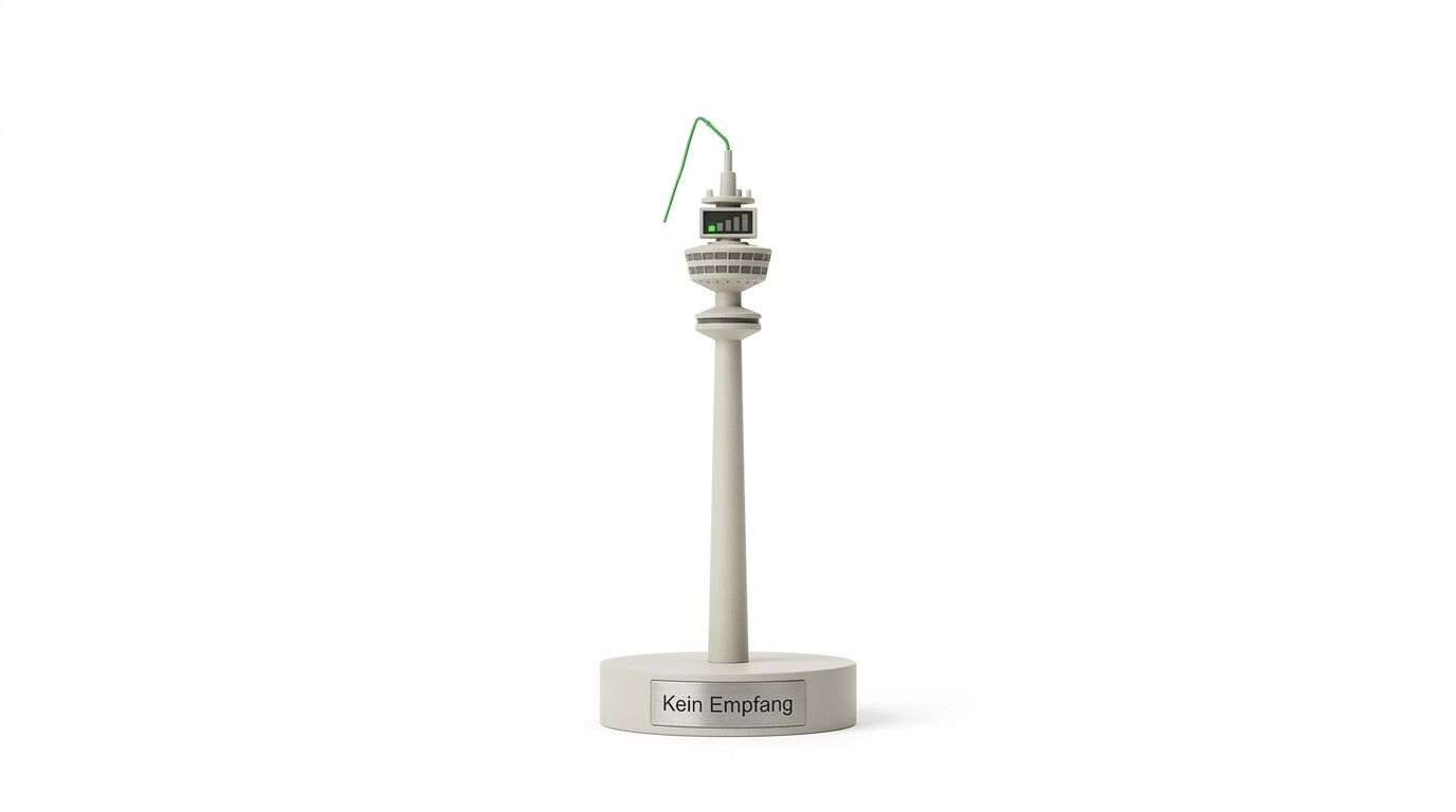 Fernsehturm-Modell mit beigem Sockel beschriftet "Kein Empfang" und grünem Kabel oben