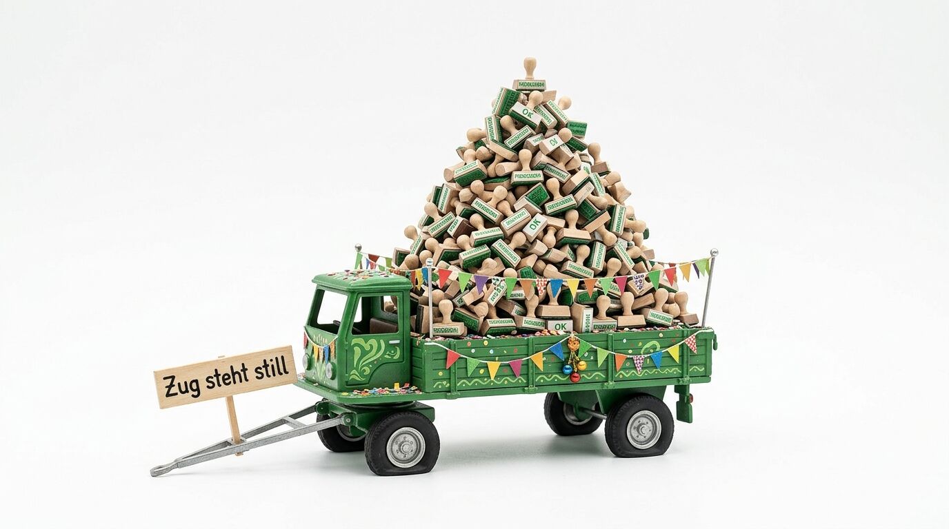 Grüner Holzspielzeug-Lastwagen mit Pyramide aus Holzbausteinen, Fahne "Zug steht still" und Girlanden