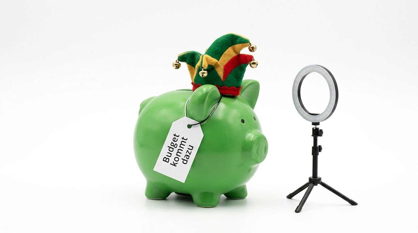 Grünes Sparschwein mit Jesterkappe und Schild "Budget kommit dazu", neben einer LED-Ringlicht auf Stativ