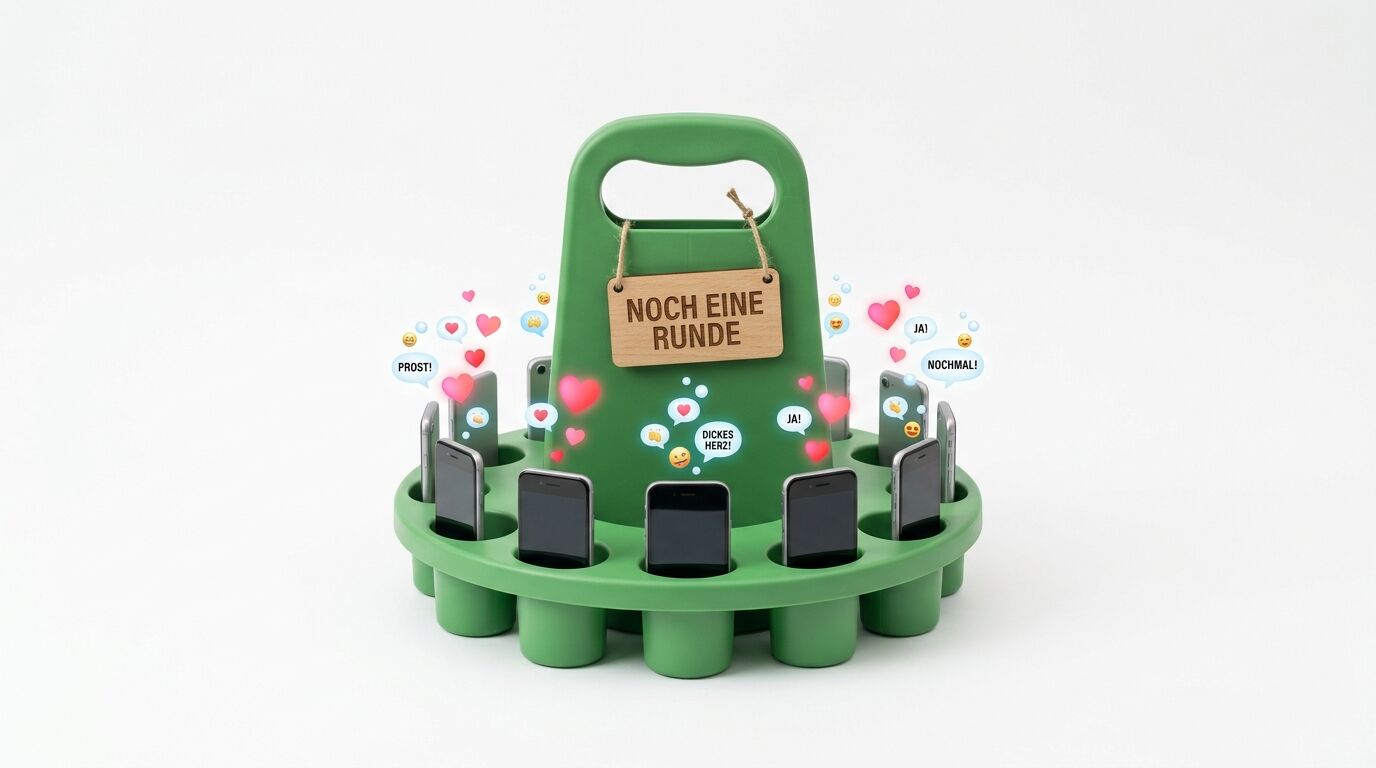 Grüne Ladestation mit acht Smartphone-Fächern, Holzschild "NOCH EINE RUNDE", umgeben von Emojis und Herzen