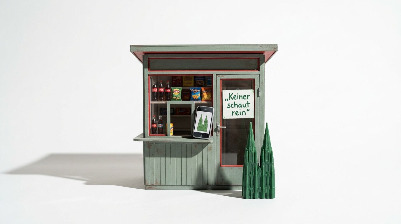 Ein kleiner Kiosk mit grüner Holzfassade und roten Rahmen. Im Fenster sind Getränkeflaschen und Snacks sichtbar. Ein Schild zeigt "Keiner schaut rein". Daneben stehen grüne Zypressenbäume