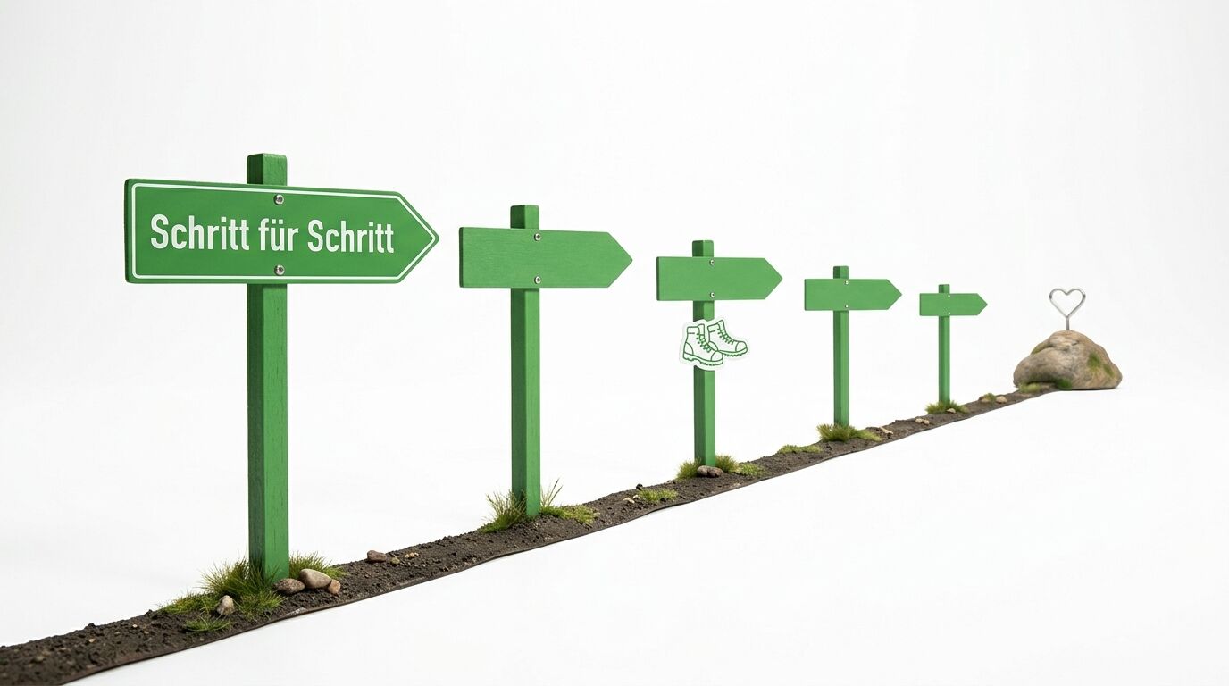 Wegweiser zeigen den Weg "Schritt für Schritt" über einen Pfad zu einem Stein mit Herz-Symbol
