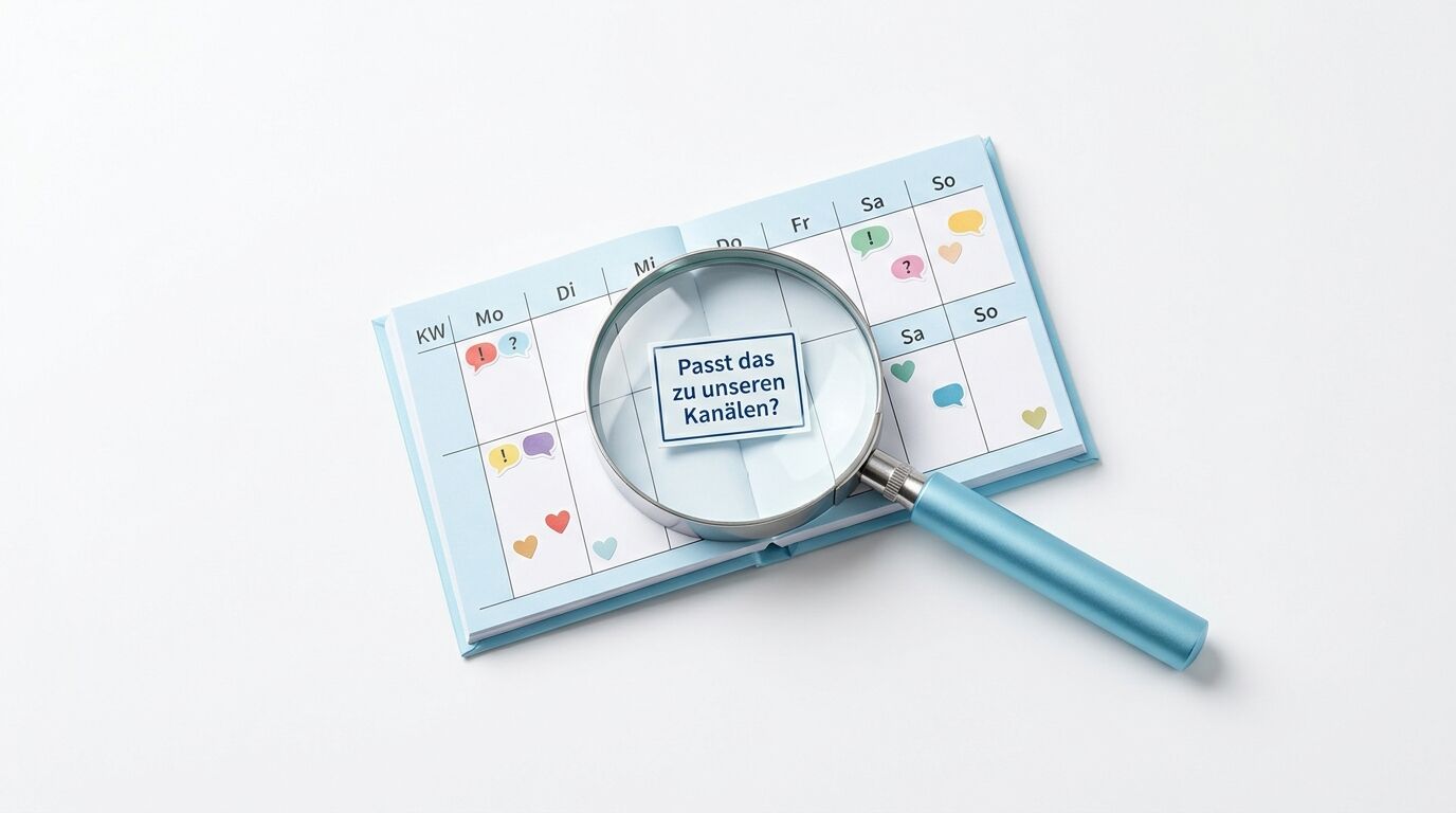 Ein Kalender mit Lupe und Text "Passt das zu unseren Kanälen?" zeigt Planungsoptionen mit Symbolen und Emojis