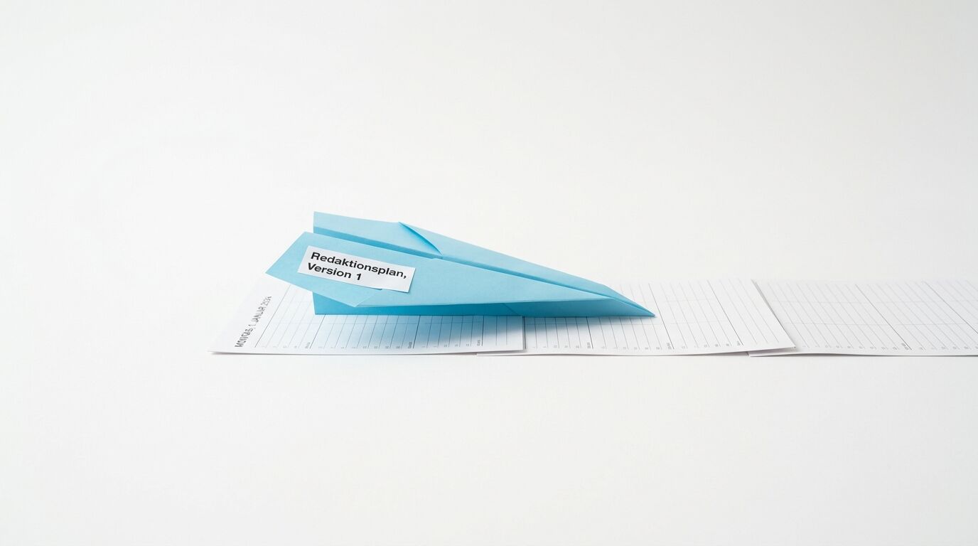 Ein blauer Papierflieger mit Etikett "Redaktionsplan, Version 1" liegt auf einem Dokument mit Tabelle