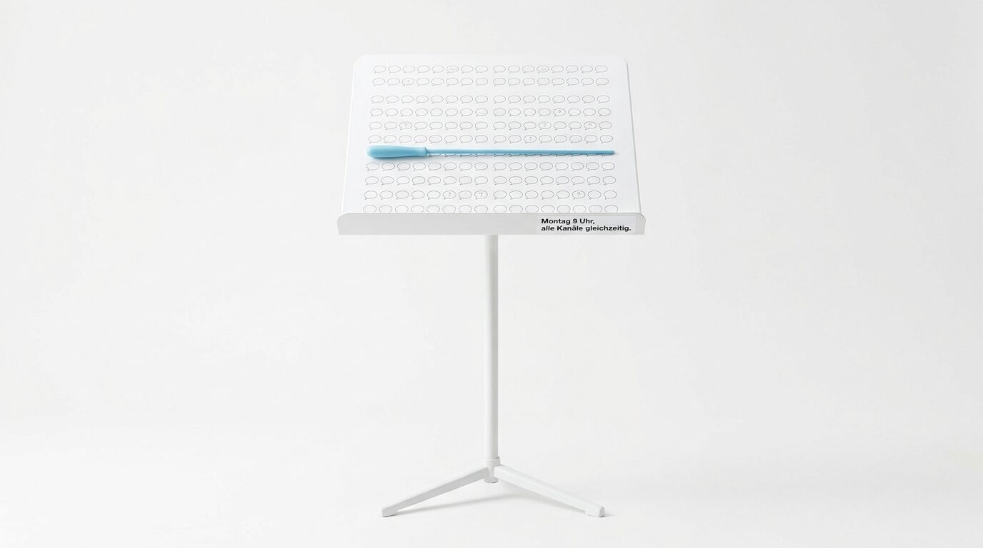 Weiße Tafel mit Lochungen und blauem Marker auf weißem Ständer, Aufschrift "Montag 9 Uhr, alle Kanäle gleichzeitig"