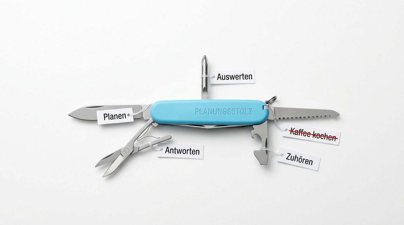 Ein Schweizer Taschenmesser mit blauem Griff und beschrifteten Funktionen wie Planen, Auswerten, Antworten, Kaffee kochen und Zuhören
