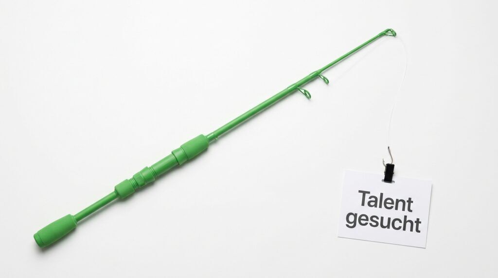 Social Media Recruiting: Grüne Angelrute, an deren Haken ein weißes Namensschild mit der Aufschrift „Talent gesucht“ hängt