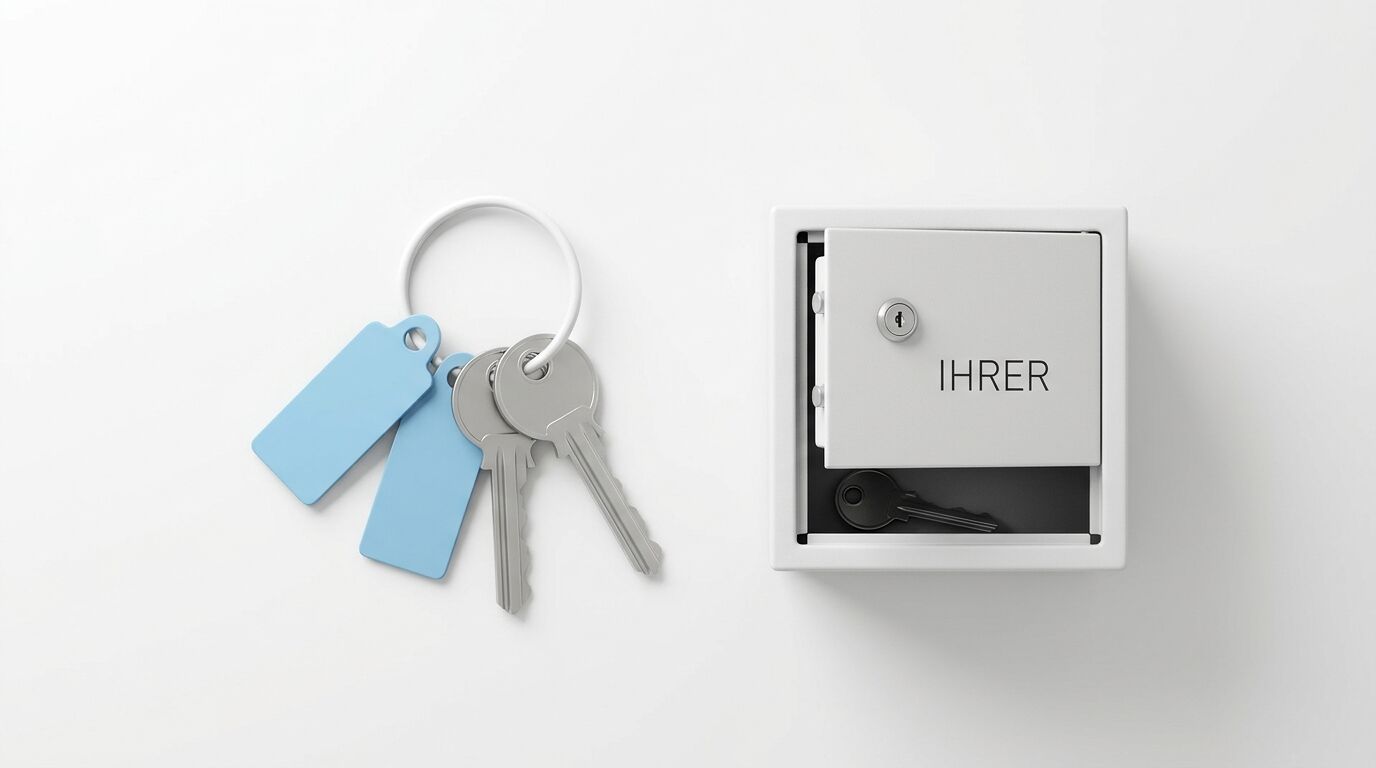 Schlüsselbund mit zwei blauen Etiketten und zwei Schlüsseln neben einem weißen Schlüsseltresor mit der Aufschrift "IHRER"