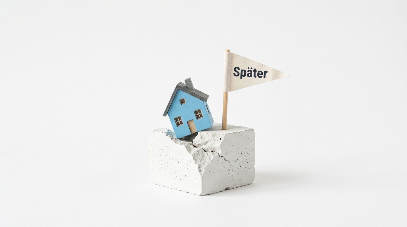 Ein kleines blaues Holzhaus sitzt auf einem zerbrechenden Betonsockel mit einer Flagge, auf der "Später" steht