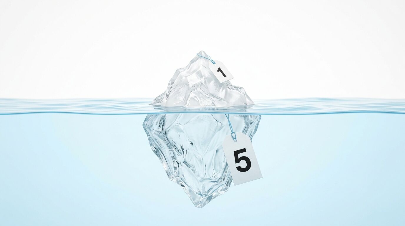 Eisberg im Wasser mit Etiketten "1" und "5", die den sichtbaren und unsichtbaren Teil markieren