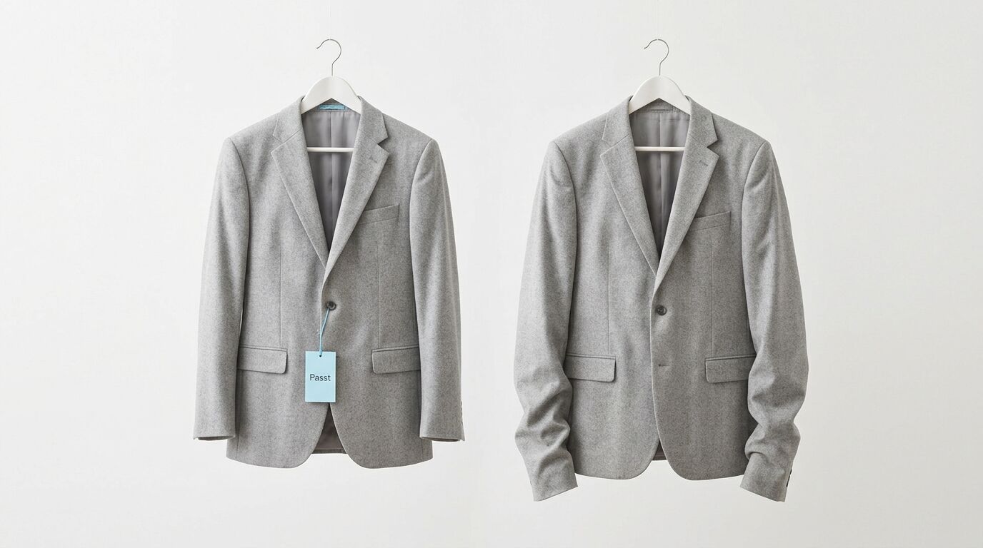 Zwei identische graue Blazer auf Kleiderbügeln. Der linke trägt ein hellblaues Preisschild mit "Passt"