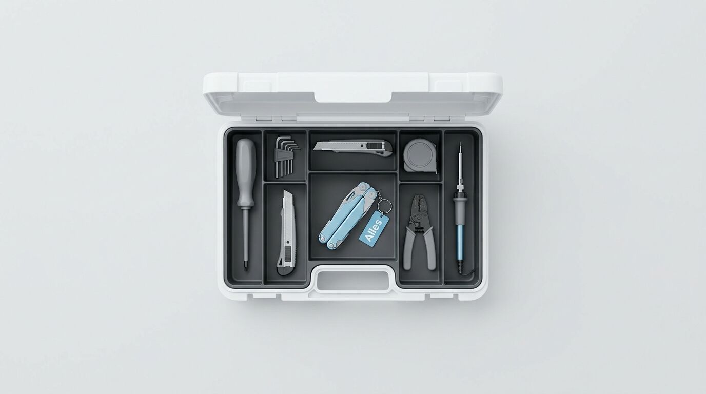 Werkzeugkasten mit Schraubendreher, Zange, Messer, Inbusschlüsseln, Multitool und weiteren Werkzeugen in organisierter Anordnung